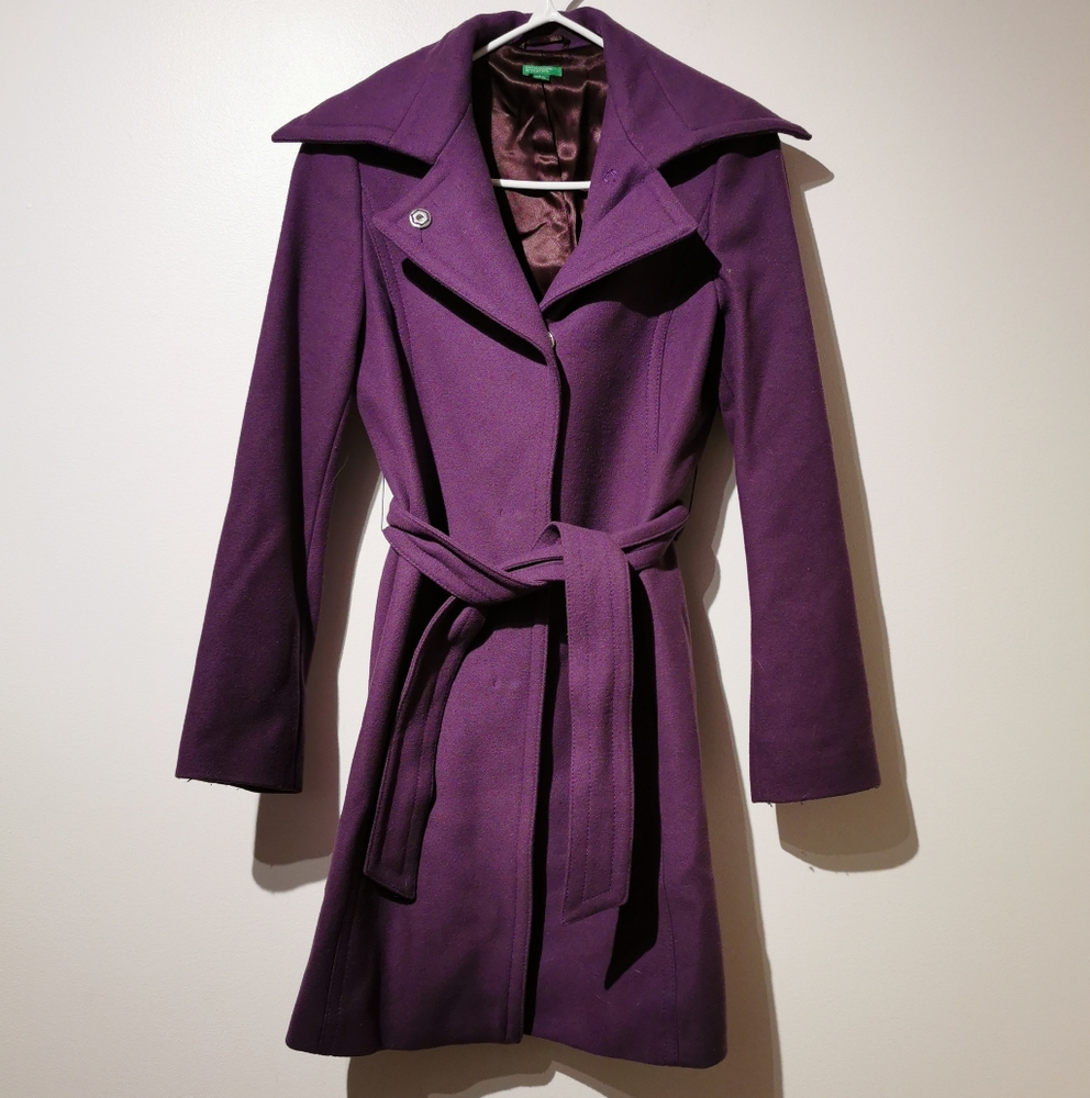 Rare vintage Benetton purple 80% wool tie front hidden button coat s38 - Picture 5 of 6